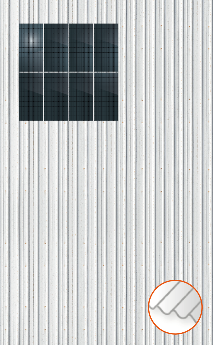 ClickFit EVO Staaldak trapezium-damwand met montageprofielen 2x4 portrait. 2 rijen van 4 panelen