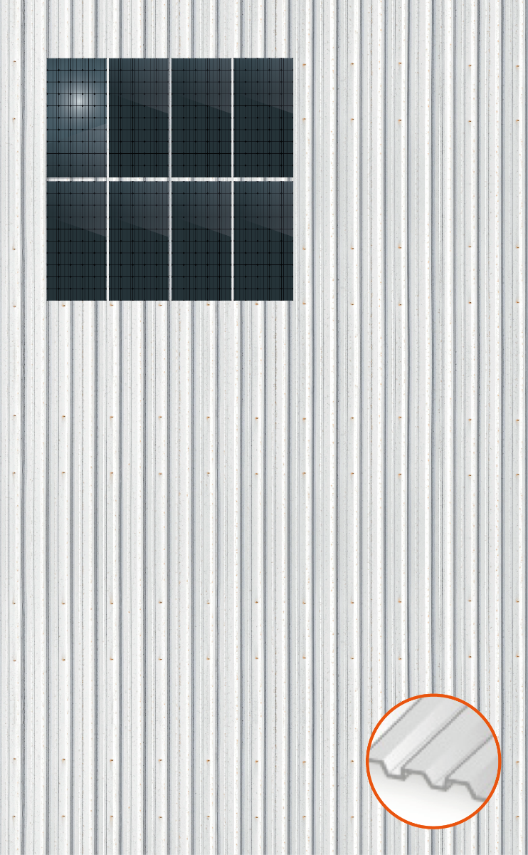 ClickFit EVO Staaldak trapezium-damwand met montageprofielen t.b.v. optimizers 2x4 Portrait 2 rijen van 4 panelen