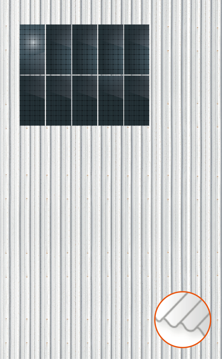 ClickFit EVO Staaldak trapezium-damwand met montageprofielen 2x5 portrait. 2 rijen van 5 panelen