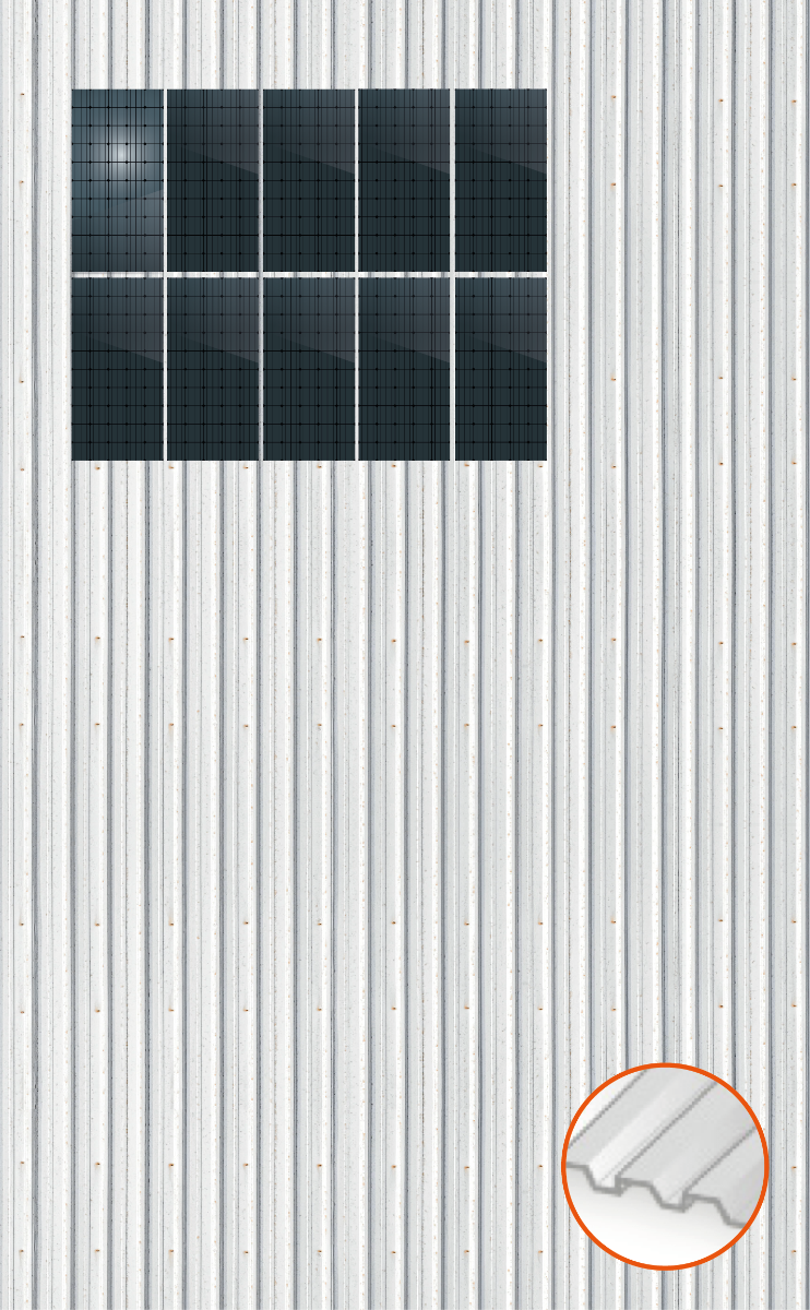 ClickFit EVO Staaldak trapezium-damwand met montageprofielen t.b.v. optimizers 2x5 Portrait 2 rijen van 5 panelen