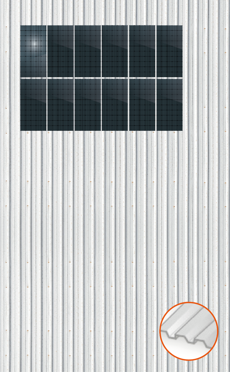 ClickFit EVO Staaldak trapezium-damwand met montageprofielen t.b.v. optimizers 2x8 Portrait 2 rijen van 8 panelen
