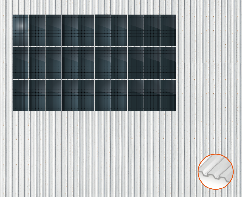 ClickFit EVO Staaldak trapezium-damwand met montageprofielen t.b.v. optimizers 3x10 Portrait 3 rijen van 10 panelen