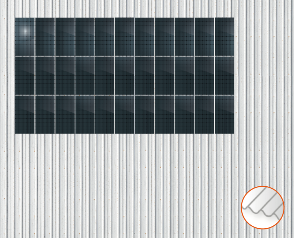 ClickFit EVO Staaldak trapezium-damwand met montageprofielen 3x11 portrait. 3 rijen van 11 panelen
