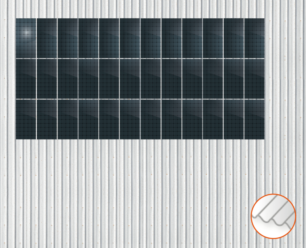ClickFit EVO Staaldak trapezium-damwand met montageprofielen 3x12 portrait. 3 rijen van 12 panelen