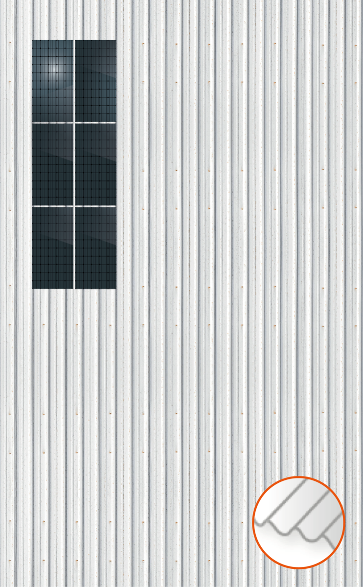 ClickFit EVO Staaldak trapezium-damwand met montageprofielen 3x2 portrait. 3 rijen van 2 panelen