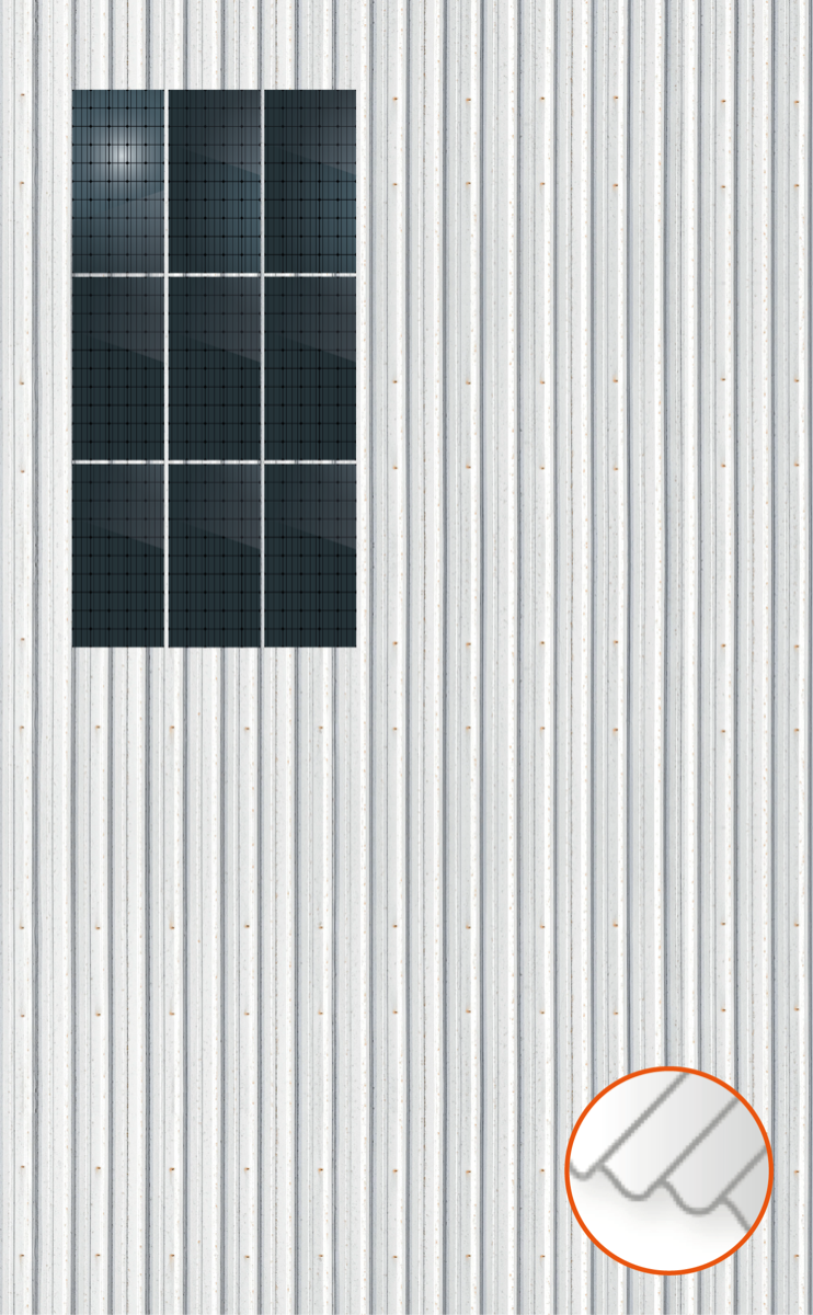 ClickFit EVO Staaldak trapezium-damwand met montageprofielen 3x3 portrait. 3 rijen van 3 panelen