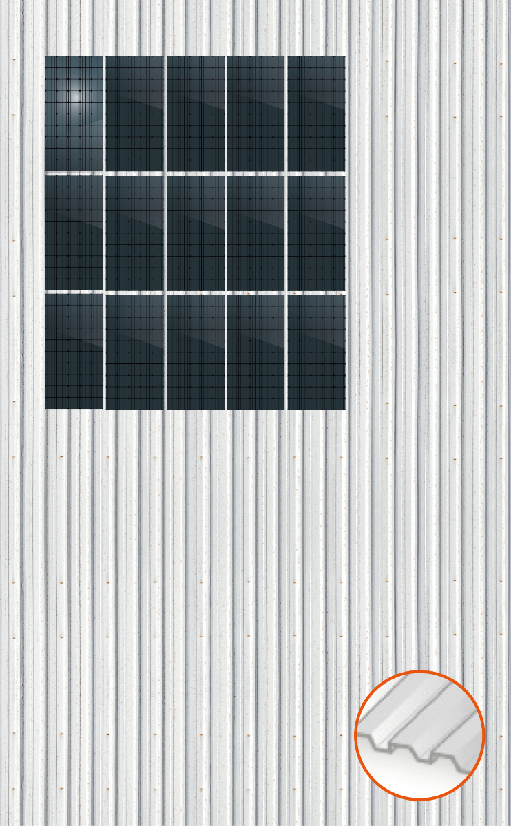 ClickFit EVO Staaldak trapezium-damwand met montageprofielen t.b.v. optimizers 3x5 Portrait 3 rijen van 5 panelen