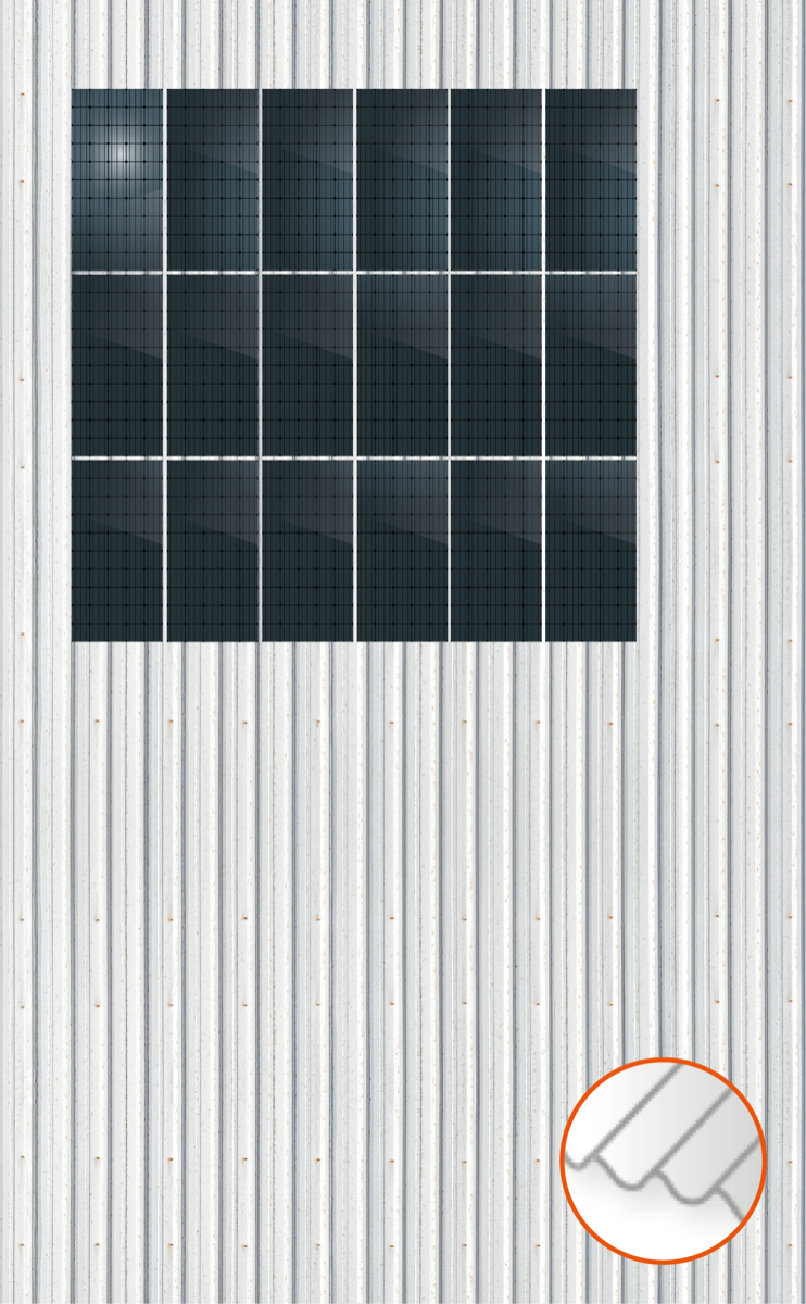 ClickFit EVO Staaldak trapezium-damwand met montageprofielen 3x6 portrait. 3 rijen van 6 panelen