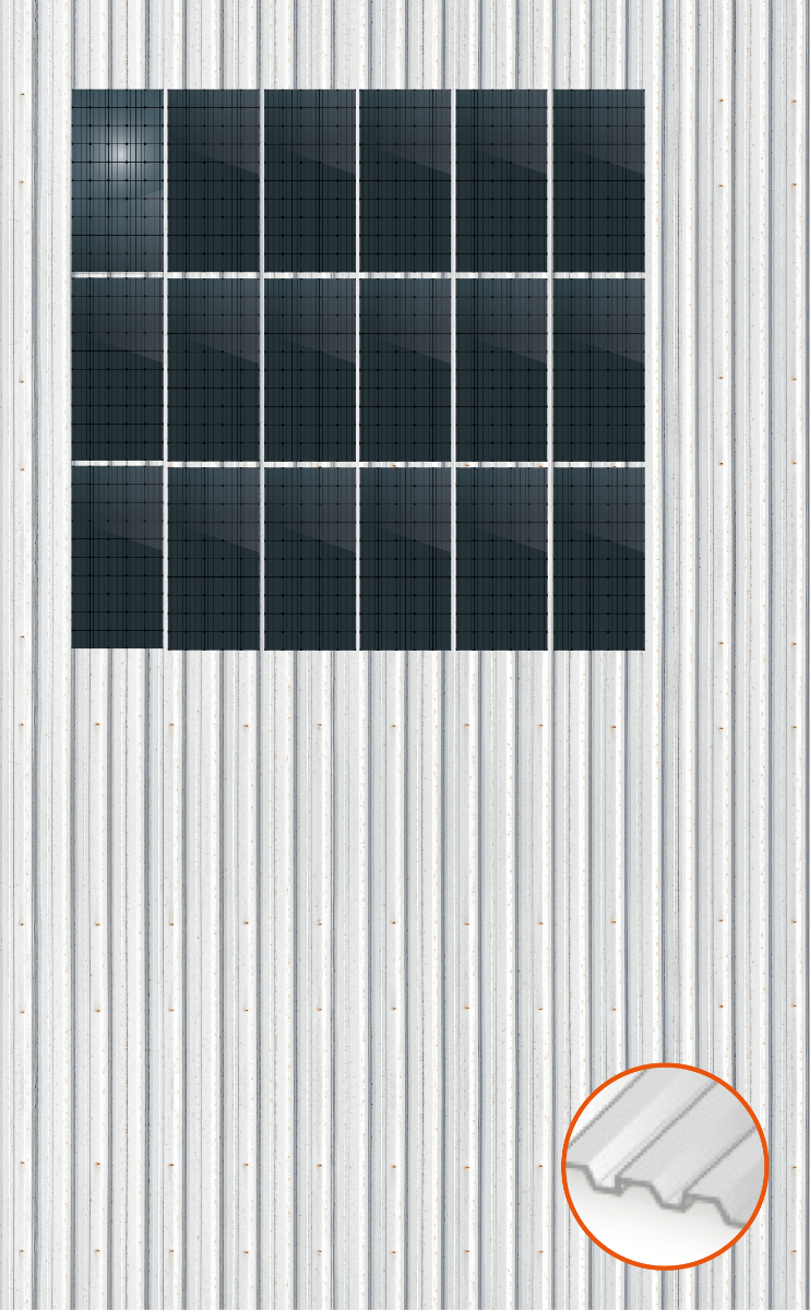 ClickFit EVO Staaldak trapezium-damwand met montageprofielen t.b.v. optimizers 3x6 Portrait 3 rijen van 6 panelen