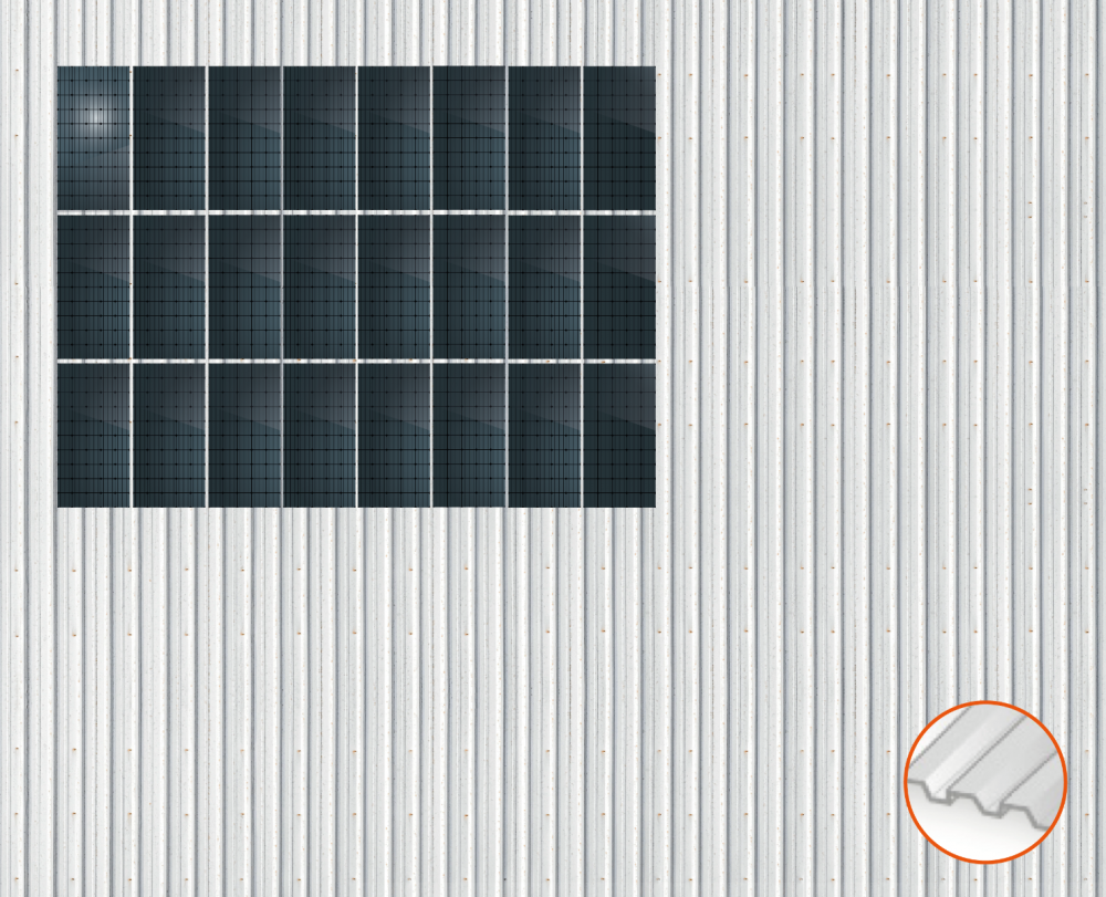 ClickFit EVO Staaldak trapezium-damwand met montageprofielen t.b.v. optimizers 3x8 Portrait 3 rijen van 8 panelen