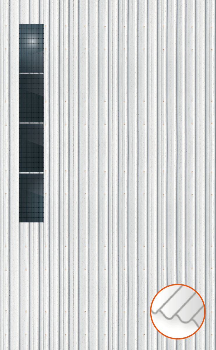 ClickFit EVO Staaldak trapezium-damwand met montageprofielen 4x1 portrait. 4 rijen van 1 paneel