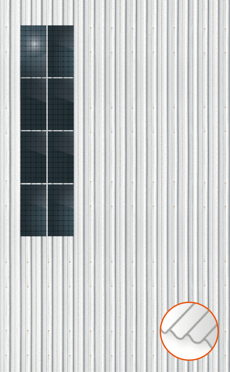 ClickFit EVO Staaldak trapezium-damwand met montageprofielen 4x2 portrait. 4 rijen van 2 panelen
