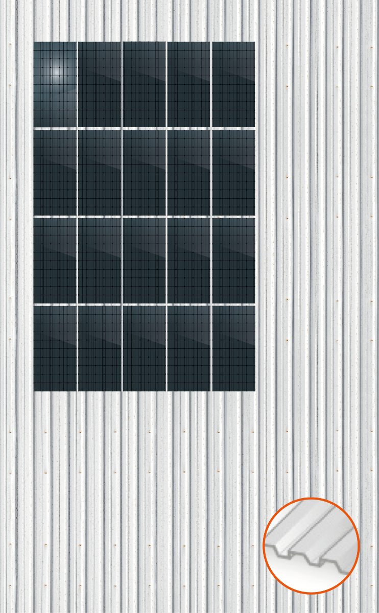 ClickFit EVO Staaldak trapezium-damwand met montageprofielen t.b.v. optimizers 4x5 Portrait 4 rijen van 5 panelen