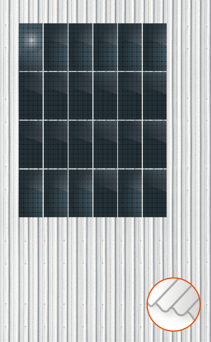 ClickFit EVO Staaldak trapezium-damwand met montageprofielen 4x6 portrait. 4 rijen van 6 panelen