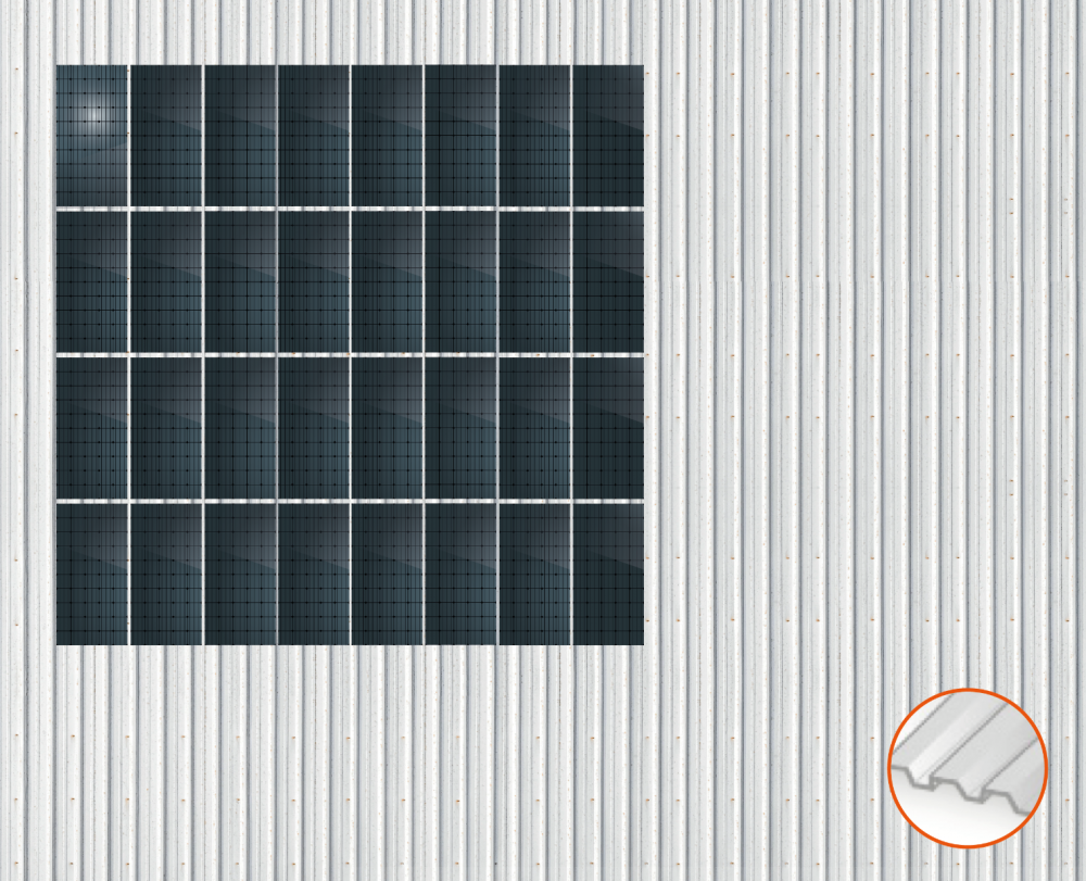 ClickFit EVO Staaldak trapezium-damwand met montageprofielen t.b.v. optimizers 4x8 Portrait 4 rijen van 8 panelen