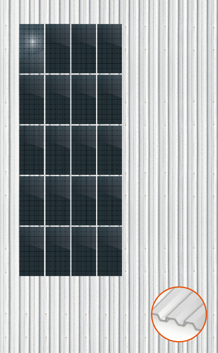 ClickFit EVO Staaldak trapezium-damwand met montageprofielen t.b.v. optimizers 5x4 Portrait 5 rijen van 4 panelen