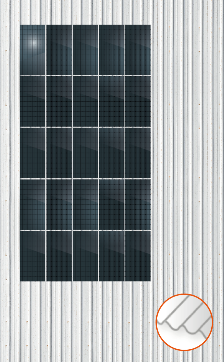 ClickFit EVO Staaldak trapezium-damwand met montageprofielen 5x5 portrait. 5 rijen van 5 panelen