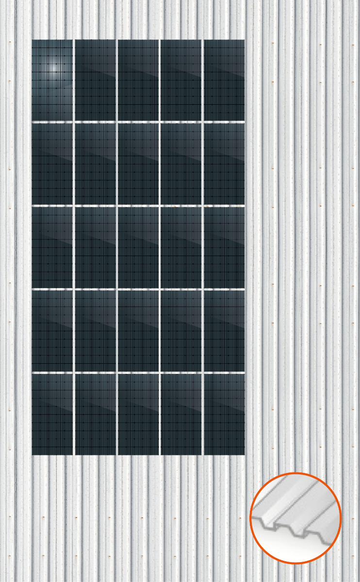 ClickFit EVO Staaldak trapezium-damwand met montageprofielen t.b.v. optimizers 5x5 Portrait 5 rijen van 5 panelen
