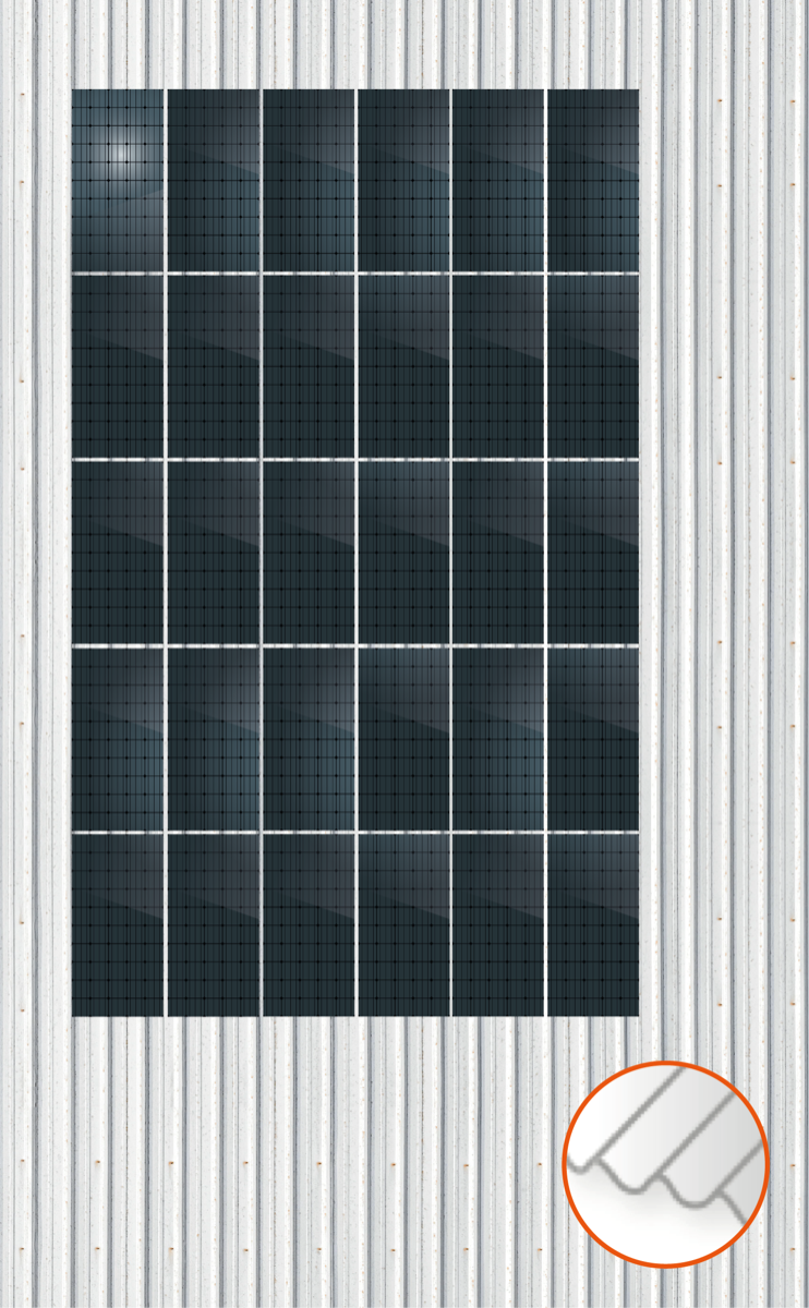 ClickFit EVO Staaldak trapezium-damwand met montageprofielen 5x6 portrait. 5 rijen van 6 panelen