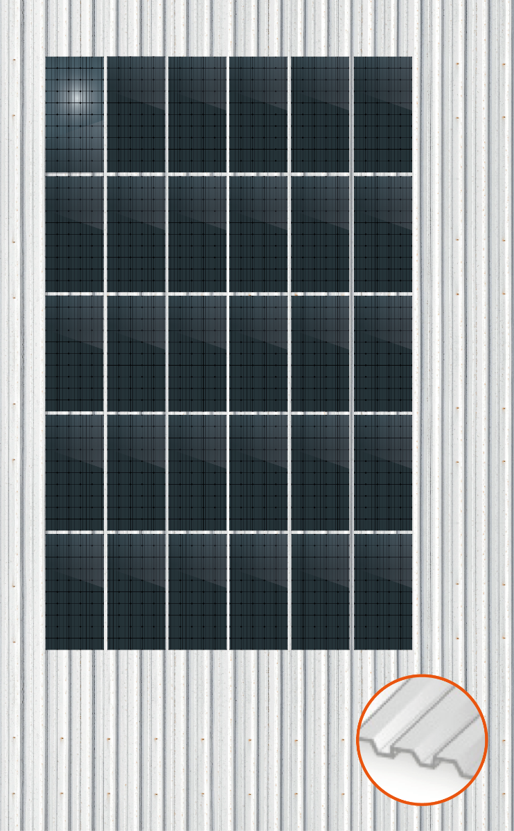 ClickFit EVO Staaldak trapezium-damwand met montageprofielen t.b.v. optimizers 5x6 Portrait 5 rijen van 6 panelen