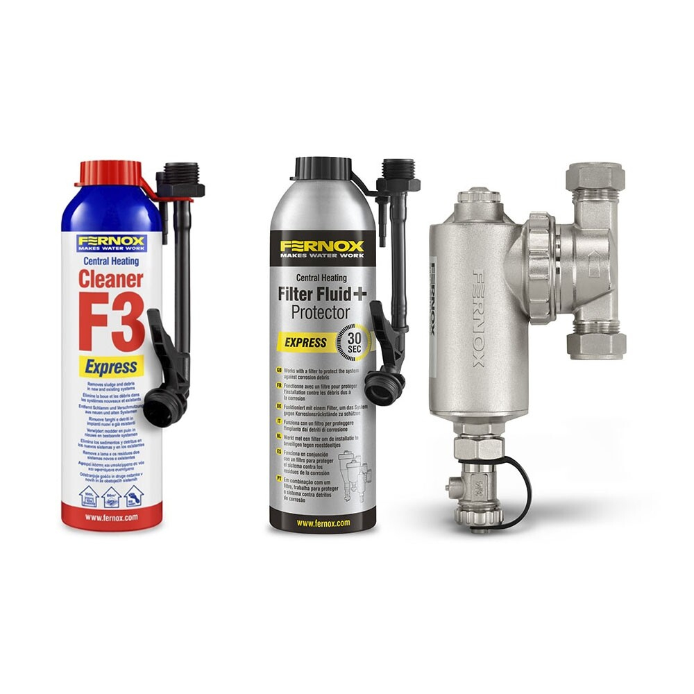 Compleet CV reinigingpakket: Fernox Omega TF1 + Filter Fluid & Protector inclusief F3 Cleaner